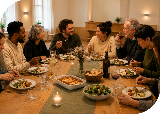 Gruppe von Menschen sitzt gemeinsam beim Essen und unterhält sich